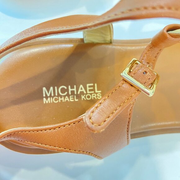 Michael Kors Womens Brown Leather Logo Flat Sandals Size 10 With Gold Buckle Det - Picture 6 of 14